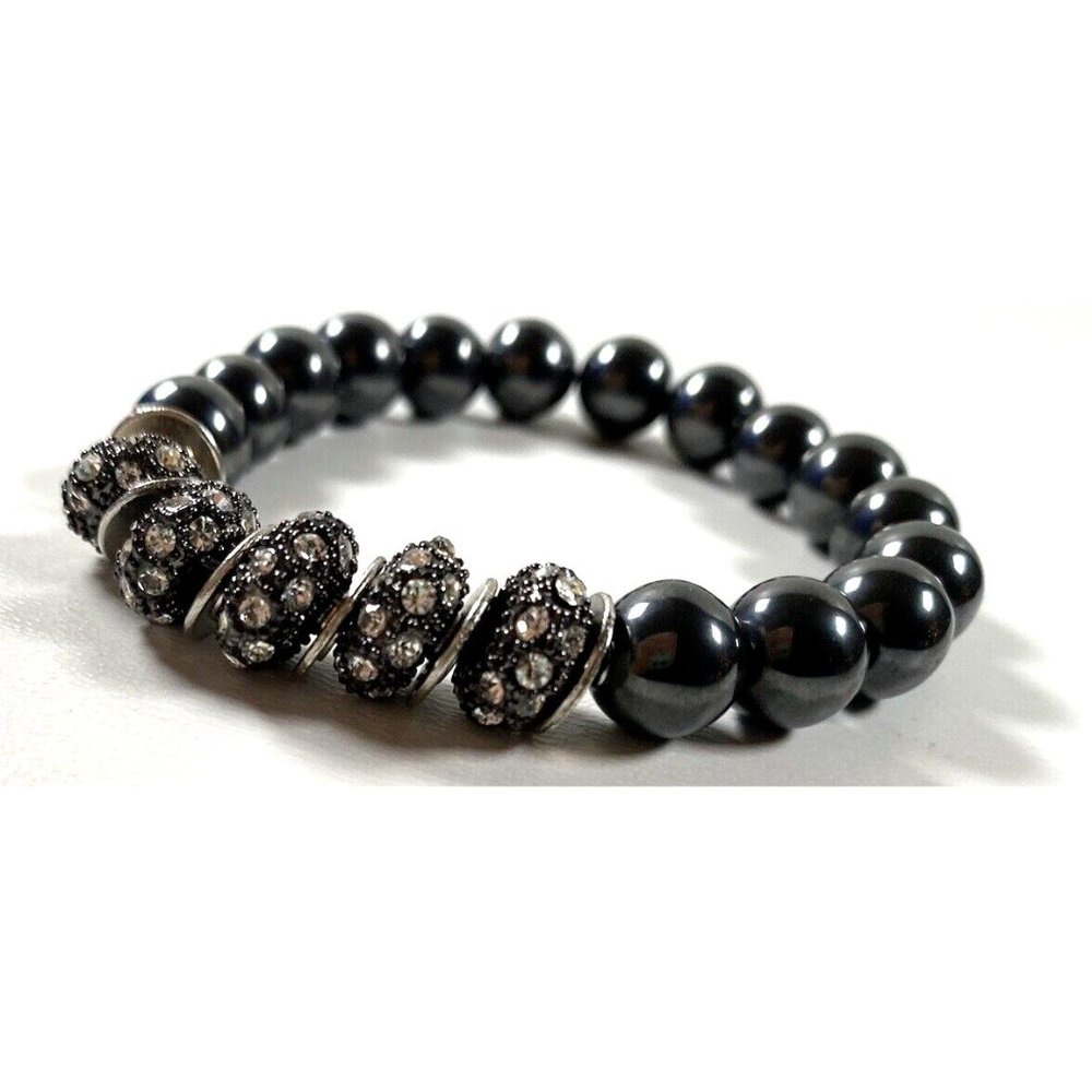 Black Beaded Bracelet Silver Accents Round Beaded Bangle, New